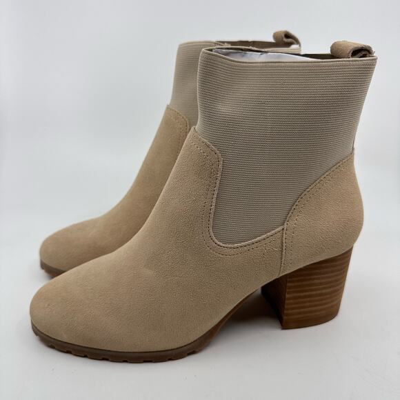 Violet & Red Loaded Knit Cuff Bootie Block Heel Faux Suede Tan Womens Size US 7 - Picture 2 of 9